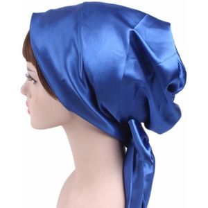 2 PCS TJM-226 Dames Satin Print Lint Bow Turban Hat Night Cap Silk Chemotherapy Hat Long Tail Braid Hat (Royal Blue)
