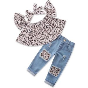 Meisjes luipaard print Tube top + denim broek + haar band set  Kid grootte: 130cm (Luipaard)