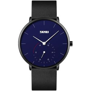 SKMEI 9213 Simple Dcale Chartwatch Dial Lederen band Quartz horloge (zwart blauw)
