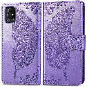 Voor Galaxy A71 5G Butterfly Love Flower Relif Horizontale Flip Lederen Case met beugel / kaartslot / Portemonnee / Lanyard (Licht paars)