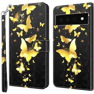 Voor Google Pixel 6 Pro 3D Painting Pattern TPU + PU lederen telefoonhoes (gouden vlinder)