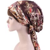 2 PCS TJM-226 Dames Satin Print Lint Bow Turban Hat Night Cap Silk Chemotherapy Hat Long Tail Braid Hat (Bruin)