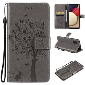 Tree & Cat Pattern Pressed Printing Horizontal Flip PU Leather Case with Holder & Card Slots & Wallet & Lanyard For Samsung Galaxy A03s(Grey)