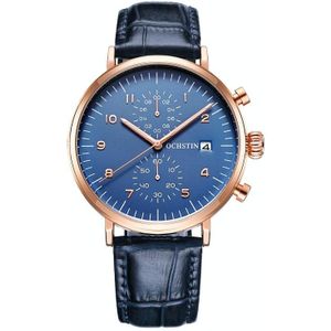 Ochstin 5076D multifunctioneel zakelijk lederen waterdicht lichtgevend quartz horloge (rosgoud + blauw)