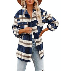 Revers lange mouwen flanel check shirt losse casual vest jack voor dames (kleur: marineblauw maat: XL)