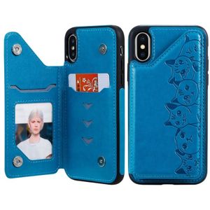Voor iPhone X Six Cats Embossing Pattern Protective Case met Holder & Card Slots & Photo Frame(Blue)