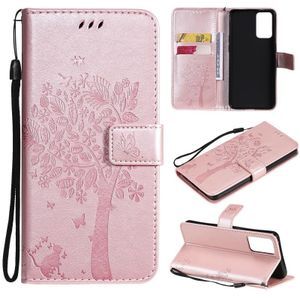 Voor OPPO Reno6 5G Boom & Kat Patroon Geperste Druk Horizontale Flip PU Lederen Case met Houder & Kaart Slots &Portemonnee &Lanyard (Rose Gold)