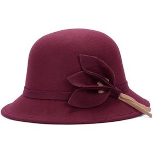 Herfst en winter dames pot Cap wollen top hoed met bloem decoratie  grootte: One size (rode wijn)