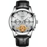 FNGEEN 4001 Heren niet-mechanisch horloge multi-functie Quartz Horloge  kleur: Zwart lederen witte stalen wit oppervlak
