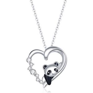 S925 Sterling Zilveren Hartvormige Panda Vrouwen Nacklace Sieraden