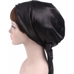 2 PCS TJM-226 Dames Satin Print Lint Bow Turban Hat Night Cap Silk Chemotherapy Hat Long Tail Braid Hat (Zwart)