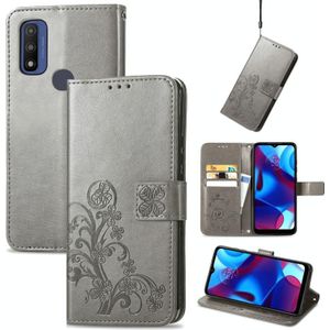 For Motorola Moto G Pure Four-leaf Clasp Embossed Leather Case with Lanyard & Card Slot & Wallet & Holder(Grey)