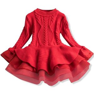 Winter Girls Knit Long Sleeve Sweater Organza Dress Evening Dress  Size:100cm(Red)