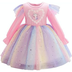 Kinderen jurk met vliegende mouwen regenboog pailletten mesh prinses jurk (kleur: roze maat: 140)