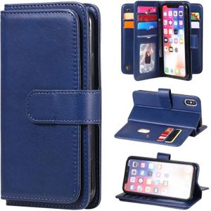 Voor iPhone XS / X Multifunctioneel Magnetic Copper Buckle Horizontale Flip Solid Color Lederen case met 10 Card Slots & Wallet & Holder & Photo Frame (Donkerblauw)