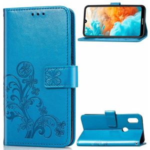 Lucky Clover ingedrukt bloemen patroon lederen draagtas voor Huawei Y6 2019  met houder & kaartsleuven & portemonnee & hand strap (blauw)