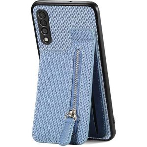 Voor Samsung Galaxy A50 Koolstofvezel Verticale Flip Rits Portemonnee Telefoonhoesje(Blauw)