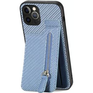 Voor iPhone 12 Pro Max Koolstofvezel Verticale Flip Rits Telefoon Case(Blauw)