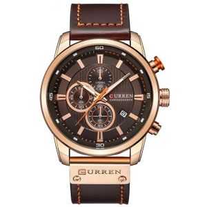 CURREN M8291 Chronograph horloges casual lederen horloge voor mannen (Rose geval koffie gezicht)