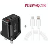 PD25W USB-C / TYPE-C + QC3.0 USB DUBLE PORTS Snelle oplader met USB-C tot 8 PIN-gegevenskabel  UK-stekker