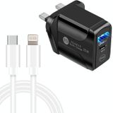 PD25W USB-C / TYPE-C + QC3.0 USB DUBLE PORTS Snelle oplader met USB-C tot 8 PIN-gegevenskabel  UK-stekker