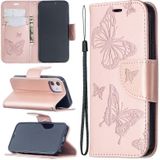Voor iPhone 12 Embossing Two Butterflies Pattern Horizontal Flip PU Leather Case met Holder & Card Slot & Wallet & Lanyard(Rose Gold)