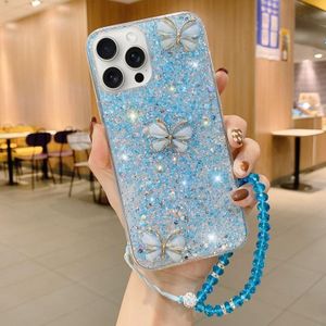 Voor iPhone 15 Pro Starry Sequin Jade Butterfly Epoxy TPU telefoonhoesje met riem