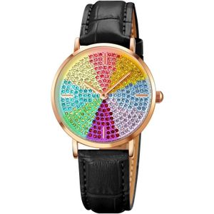 SKMEI 1811 Acht kleuren diamant ronde wijzerplaat Quartz horloge voor dames (zwart lederen riem)