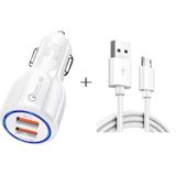 Qc3.0 Dual USB-autolader + Micro USB Fast Charging Cable Car Charging Kit(Wit)