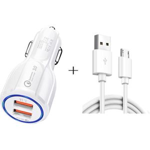 Qc3.0 Dual USB-autolader + Micro USB Fast Charging Cable Car Charging Kit(Wit)