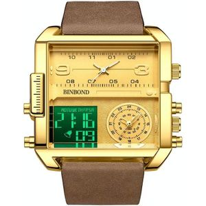 BINBOND B3332 vierkant multifunctioneel sportkwarts waterdicht horloge (bruin leer-vol-goud-goud)