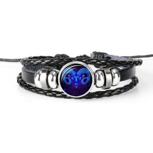 12 sterrenbeeld zwart gevlochten lederen glazen koepel Punk mannen Bracelet(Aries)