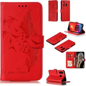Feather patroon Litchi textuur horizontale Flip lederen draagtas met portemonnee & houder & kaartsleuven voor Galaxy A8s (rood)