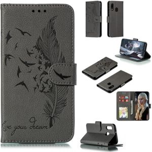 Feather patroon Litchi textuur horizontale Flip lederen draagtas met portemonnee & houder & kaartsleuven voor Galaxy A20e (grijs)