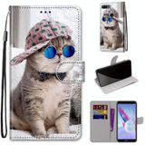 Voor Huawei Honor 9 Lite Coloured Drawing Cross Texture Horizontale Flip PU Lederen kast met Holder & Card Slots & Wallet & Lanyard(B20 Slant Hat Blue Mirror Cat)