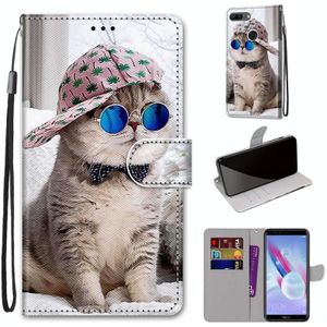 Voor Huawei Honor 9 Lite Coloured Drawing Cross Texture Horizontale Flip PU Lederen kast met Holder & Card Slots & Wallet & Lanyard(B20 Slant Hat Blue Mirror Cat)