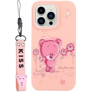 Voor iPhone 14 Pro Max Silicone Painted Phone Case met Lanyard (Flower Bear)