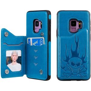 Voor Galaxy S9 Skull Head Embossing Pattern Shockproof Protective Case met Holder & Card Slots & Wallet(Blue)