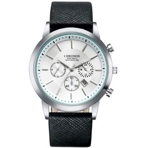 CHRONOS CH0401 drie-oog zes-naald lederen riem sport horloge voor mannen (zwart-wit)