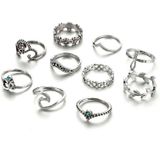 10 stuks/set Bohemen Vintage Crystal openwork V-vormige bloem ring set