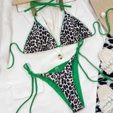 Luipaardprint Sexy Split Bikini Halter Lace-Up Strandbadpak  Maat: S