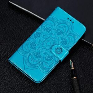 Voor Samsung Galaxy A22 5G Sun Mandala Embossing Patroon Horizontale Flip PU Lederen Hoesje met houder & kaart slots & portemonnee &lanyard (blauw)