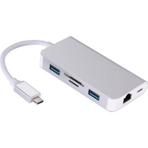 6 in 1 type C USB 3 0 hubs type-C naar 2xUSB 3.0 RJ45 SD TF-kaart PD Oplaadpoort adapter kabel Converter voor laptop MacBook (zilver)