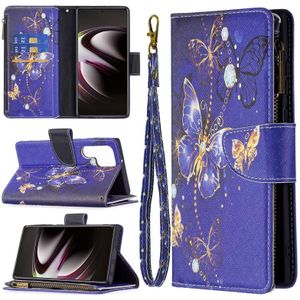 Voor Samsung Galaxy S22 Ultra 5G Gekleurde Tekening Patroon Rits Horizontale Flip Phone Lederen Case met Houder & Card Slots & Portemonnee (Purple Butterfly)