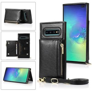 Voor Samsung Galaxy S10 Plus Square Zipper Wallet Bag TPU+PU Back Cover Case met Holder & Card Slots & Wallet & Cross-body Strap(Zwart)
