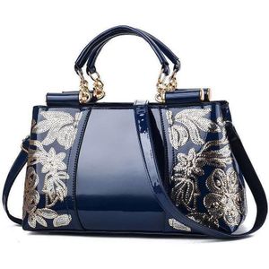 Ladies Single Sided Embroidered Shiny Leather Handbag(Blue)