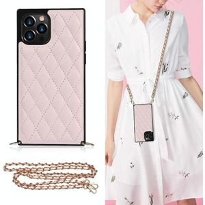 Elegant Rhombic Pattern Microfiber Leather + TPU Shockproof Case met Crossbody Strap Chain voor iPhone 12/12 Pro (Pink)