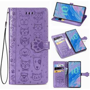 Voor Galaxy Note 10 Cute Kat en Hond relif horizontale flip lederen zaak met beugel / kaartsleuf / portemonnee / Lanyard (Paars)