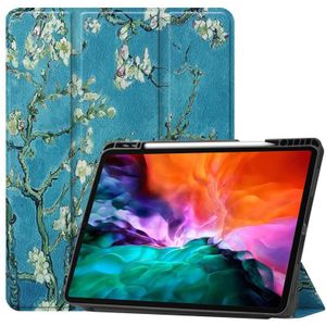 Gekleurde tekening horizontale flip TPU + PU lederen behuizing met drie-opvouwbare houder / slaap / wake-up functie & pen sleuf voor iPad Pro 12.9 (2021) (abrikozenbloem)