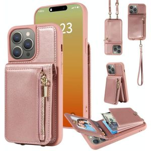 Voor iPhone 15 Pro Max Crossbody Lanyard Rits Portemonnee Lederen Telefoonhoesje (Rose Goud)